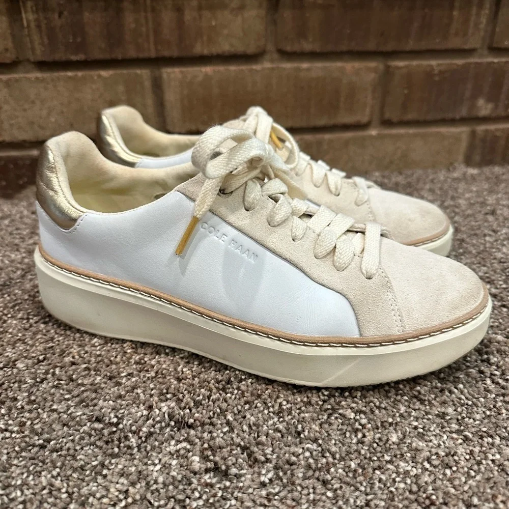 Cole Haan GrandPrø Topspin Sneakers White Leather & Suede Gold Accents Size 6.5
